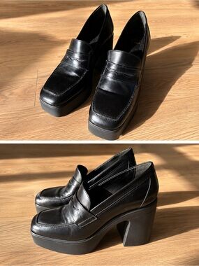 Black Platform Penny Loafers with Block Heel